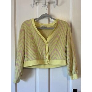 Jimmy Key Cardigan Women Size S Yellow Pink Chevron Zebra Print Fuzzy Cropped